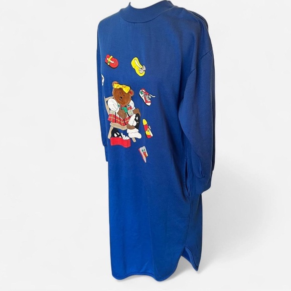 Vintage 1980’s Teddy Bear Plush Blue Long Sweatshirt Dress Women’s Sz M - Picture 5 of 7